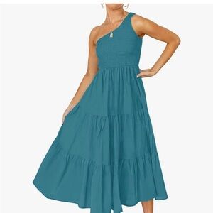 KIRUNDO Women One Shoulder Sleeveless Summer Dress Smocked Ruffle Tiered blue
